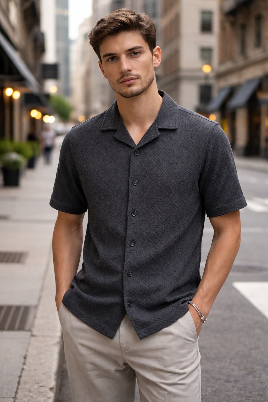 Textured Premium Open Collar Knit Half Shirt - Black