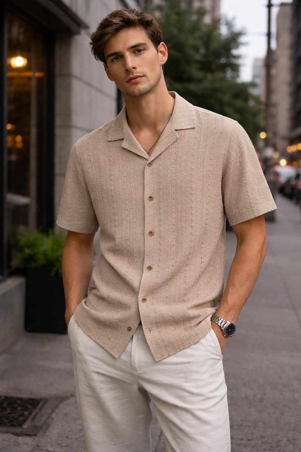 Textured Premium Open Collar Knit Half Shirt - Beige