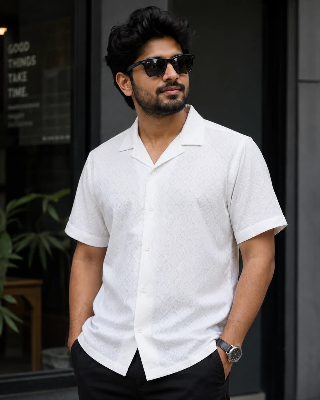 Textured Premium Open Collar Knit Half Shirt - White