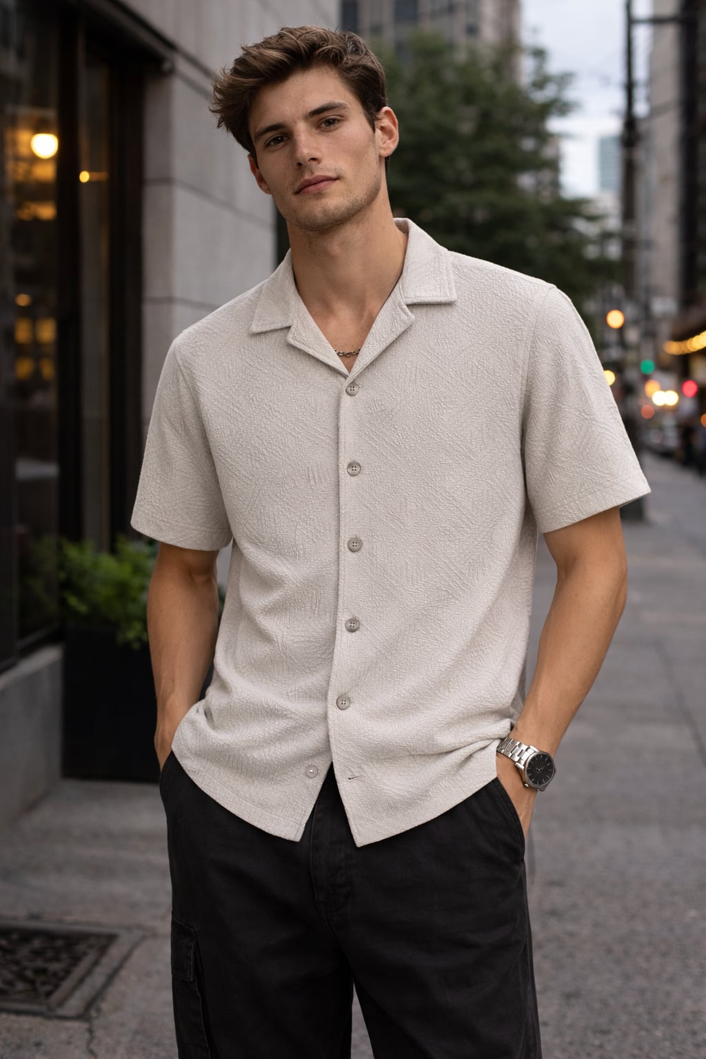 Textured Premium Open Collar Knit Half Shirt - Light Beige