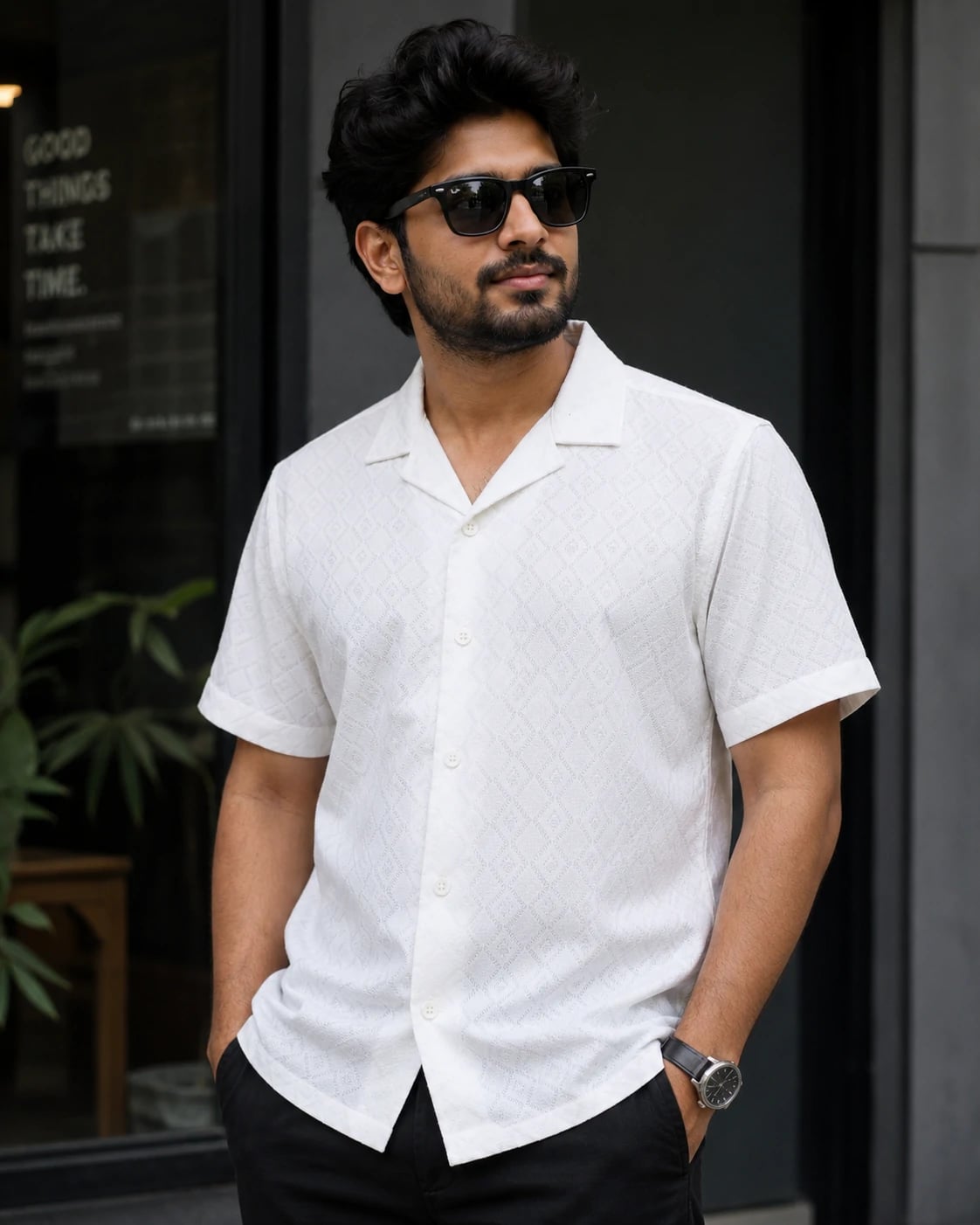 Textured Premium Open Collar Knit Half Shirt - White