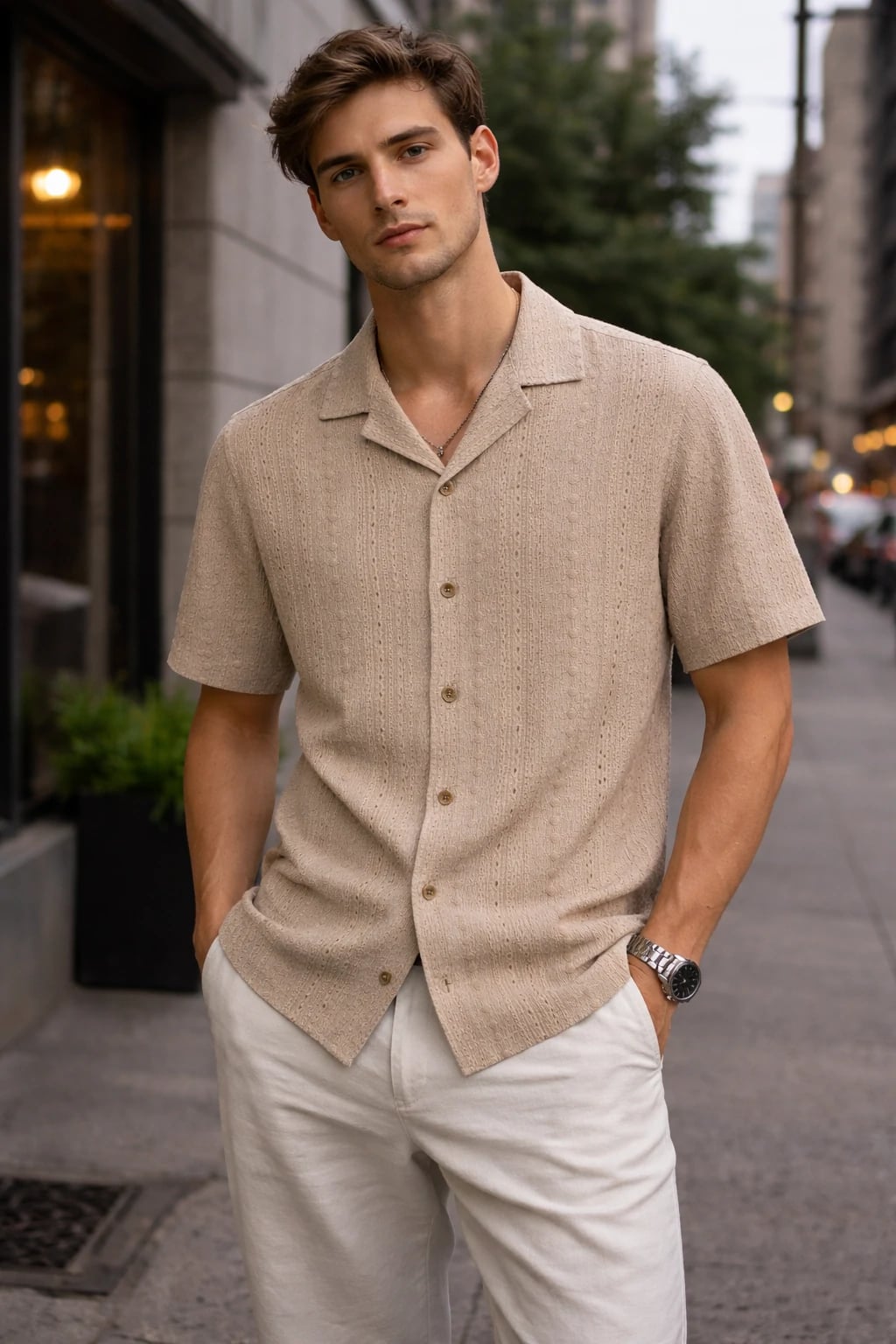 Men's Open Collar Textured Knit Half Sleeve Cotton Blend Casual Shirt - BR-EF26